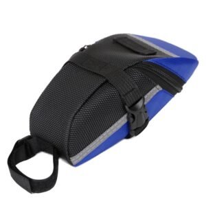 Nice Bags blue and black cycling seat bag top view with mounting strap
