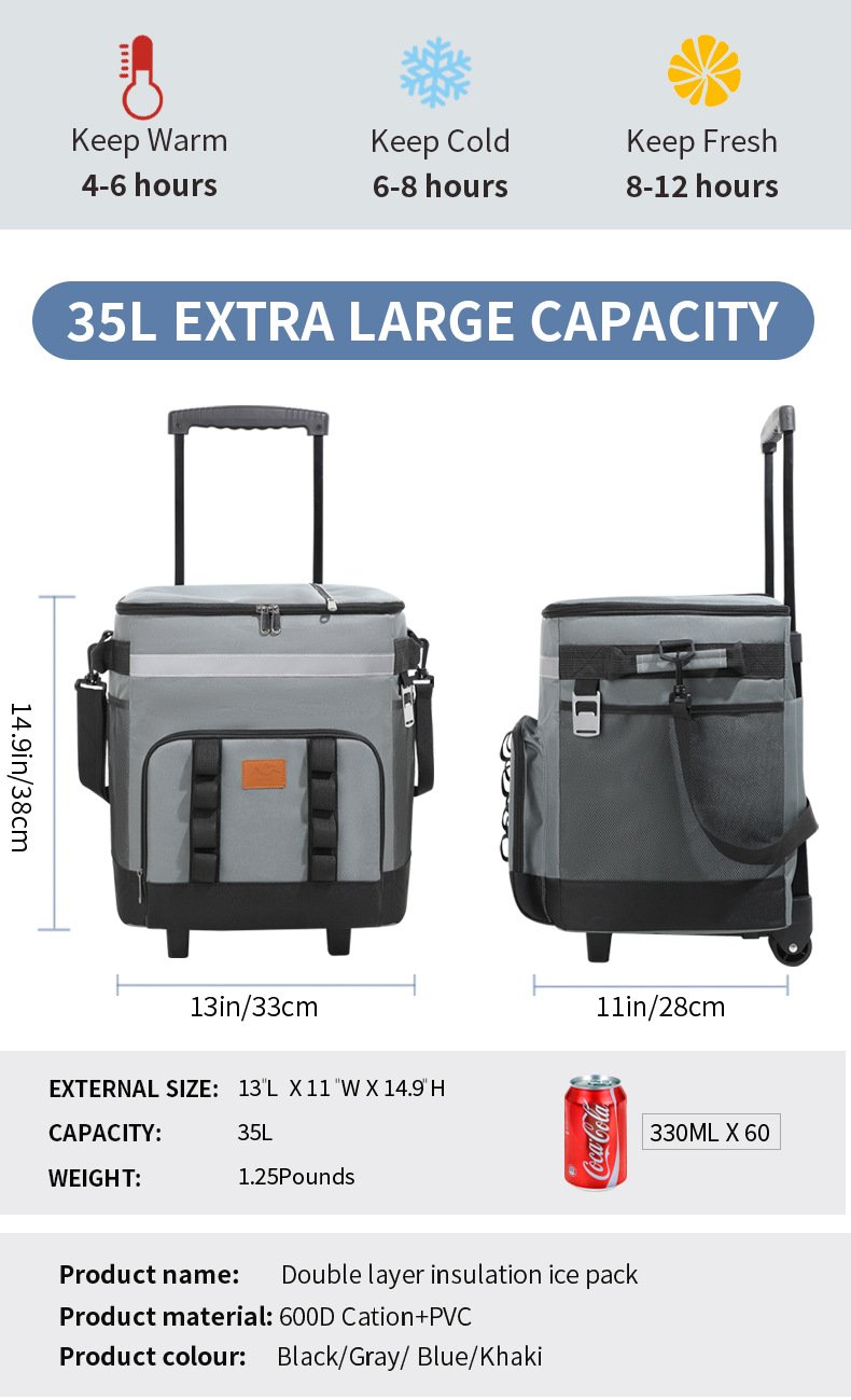  35L extra large capacity rolling cooler bag size chart