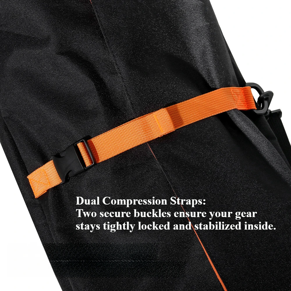 Close-up of Nice Bags dual compression straps with orange Webbing and heavy-duty buckles