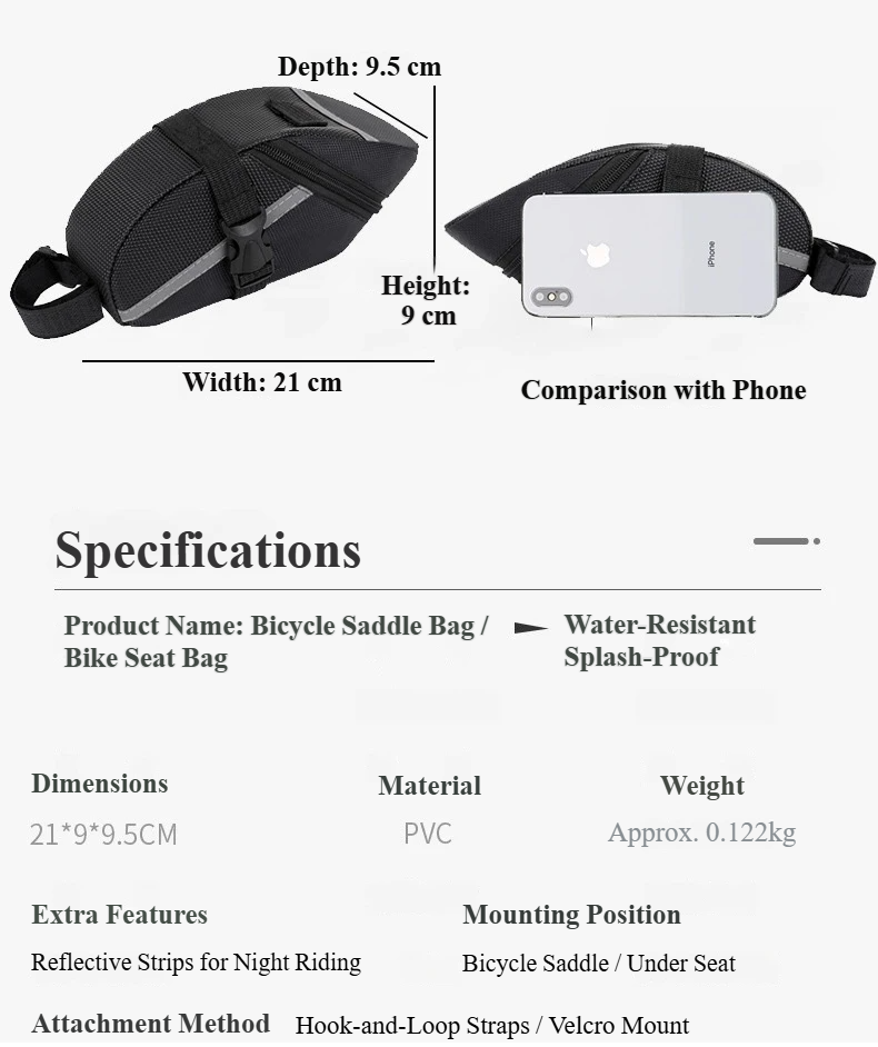 Nice Bags bicycle saddle bag specifications chart, size dimensions 21cm x 9cm x 9.5cm, and phone size comparison
