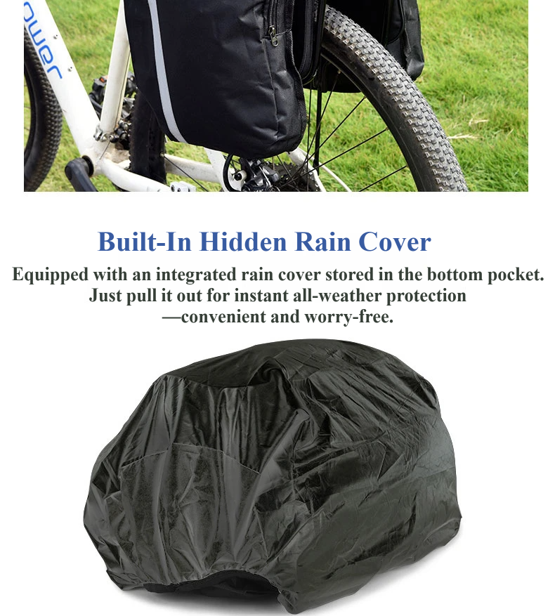 Nice Bags built-in hidden rain cover stored at bottom pocket of bike trunk bag
