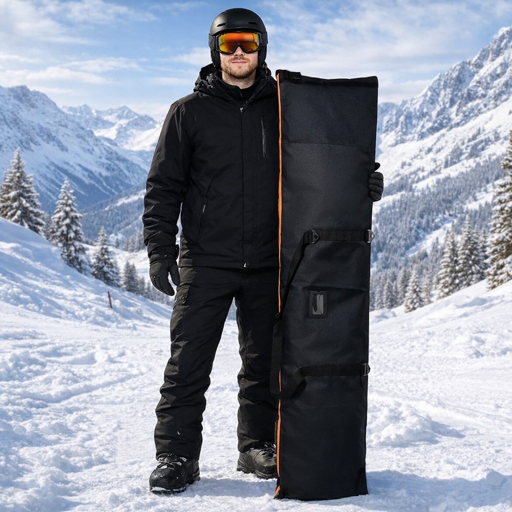 Skier standing on snowy mountain carrying Nice Bags black padded ski travel bag