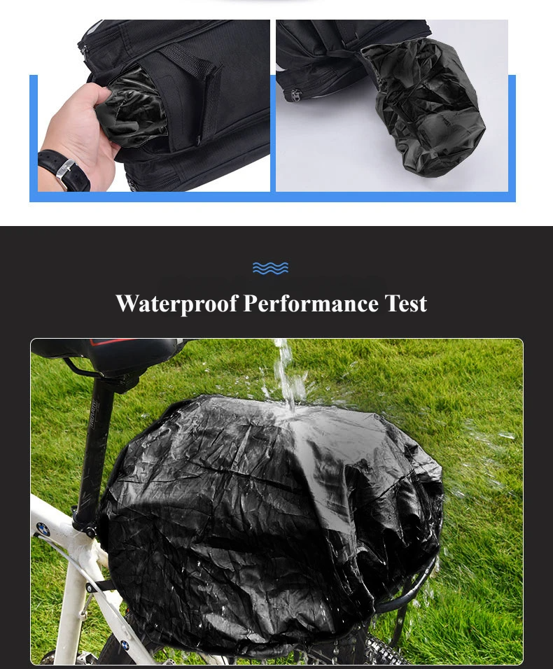 Nice Bags waterproof performance test showing rain cover protection on cycling bag