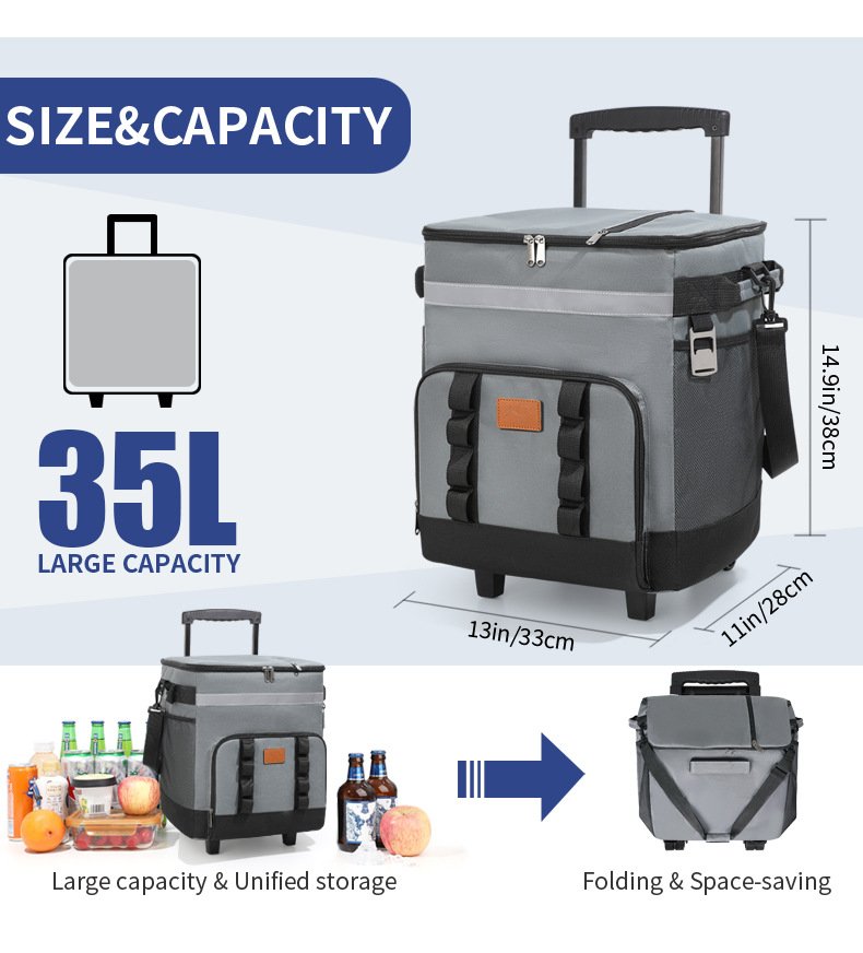 Rolling cooler bag size and 35L capacity infographic