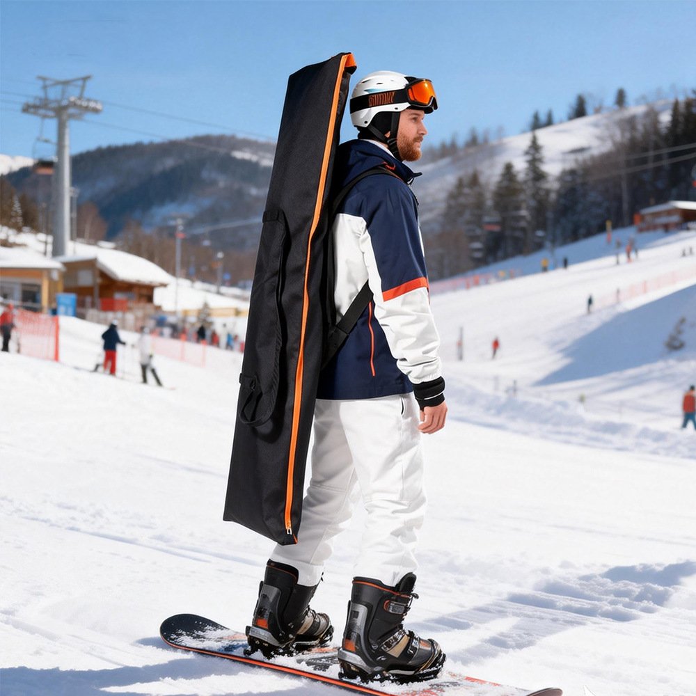 Skier carrying Nice Bags padded ski bag as a backpack on snowy ski resort slope