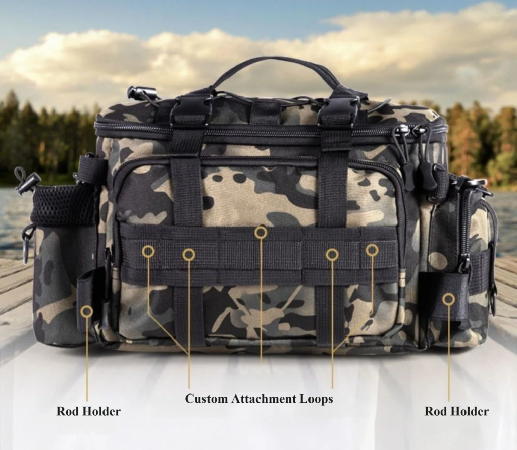 Nice Bags fishing bag attachment system showing rod holders and custom MOLLE webbing