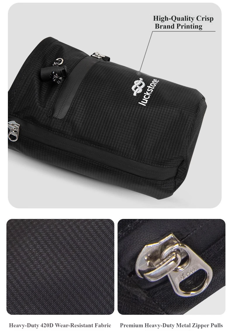 Nice Bags custom brand printing detail with heavy-duty metal zipper pulls