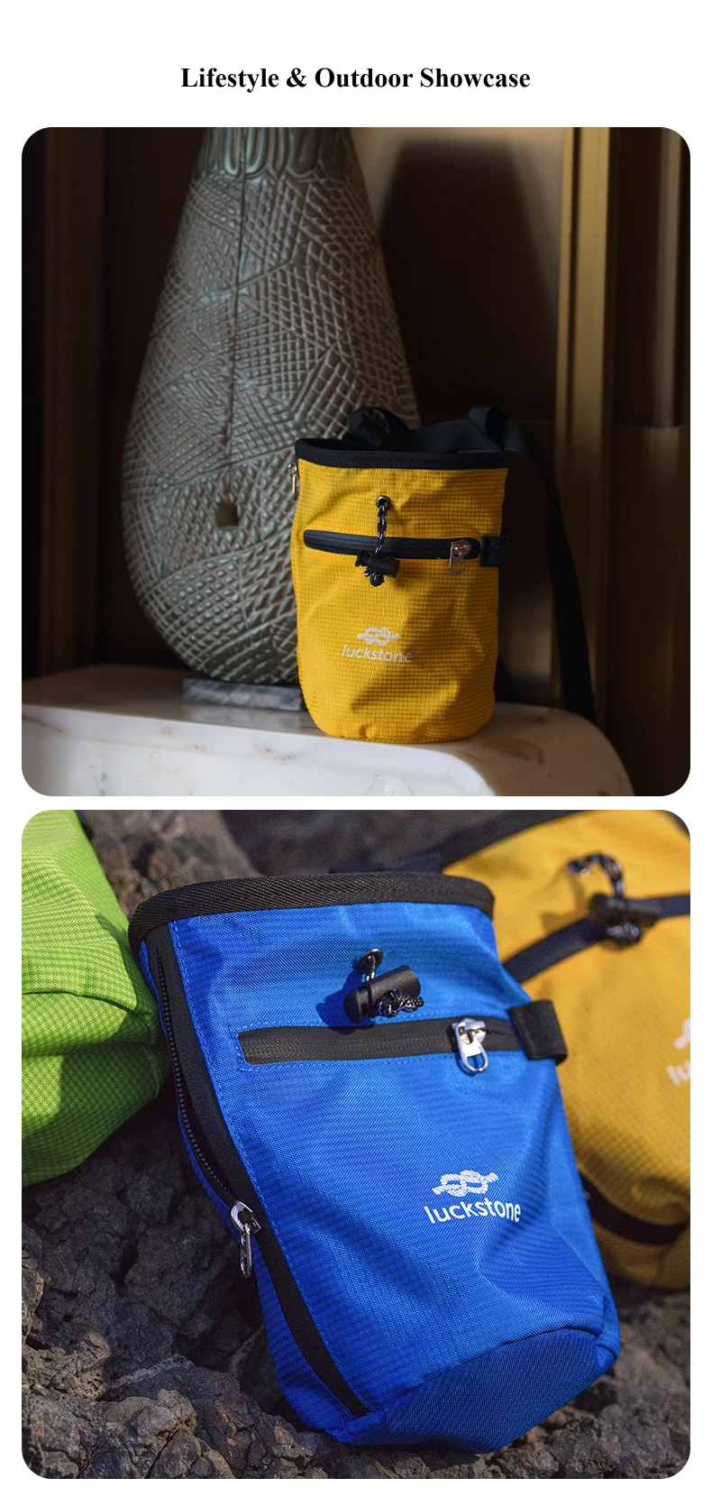 Nice Bags lifestyle and outdoor showcase displaying colorful climbing chalk bags