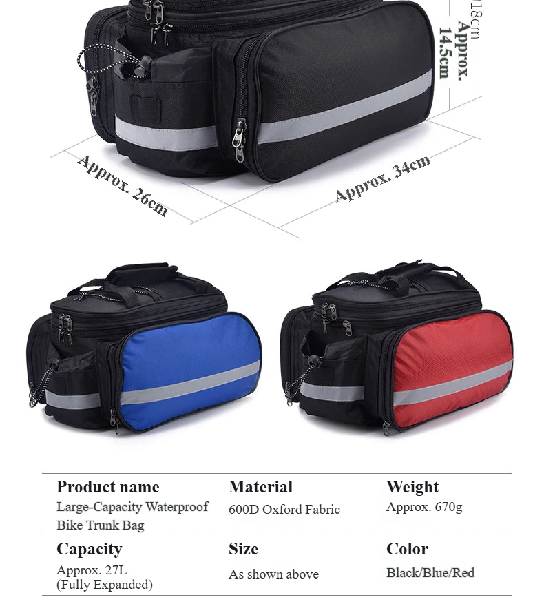 Nice Bags 27L bike trunk bag specifications diagram and color options in black, blue, and red