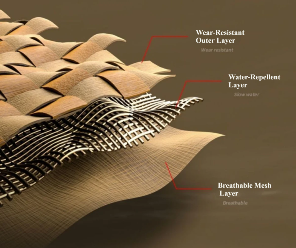 Nice Bags 3-layer fabric diagram: wear-resistant, water-repellent, and breathable mesh