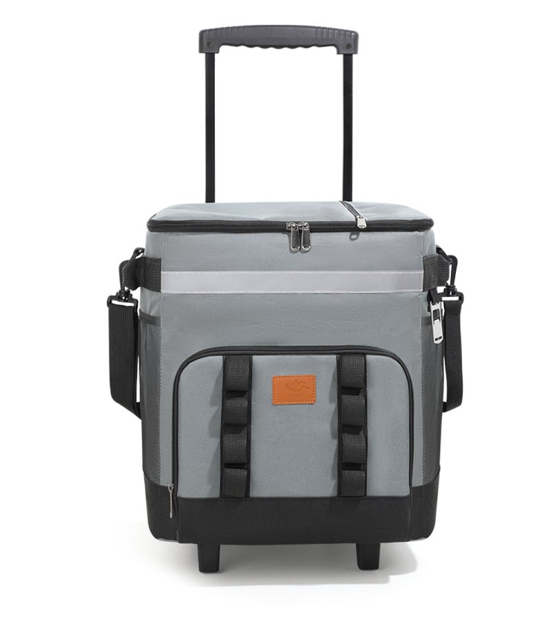 Gray Oxford rolling cooler bag front view with trolley handle