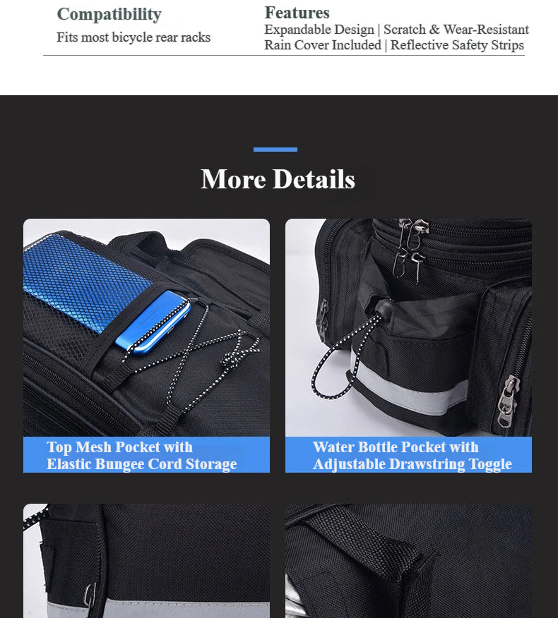 Nice Bags product details showing top mesh pocket with bungee cord and water bottle holder