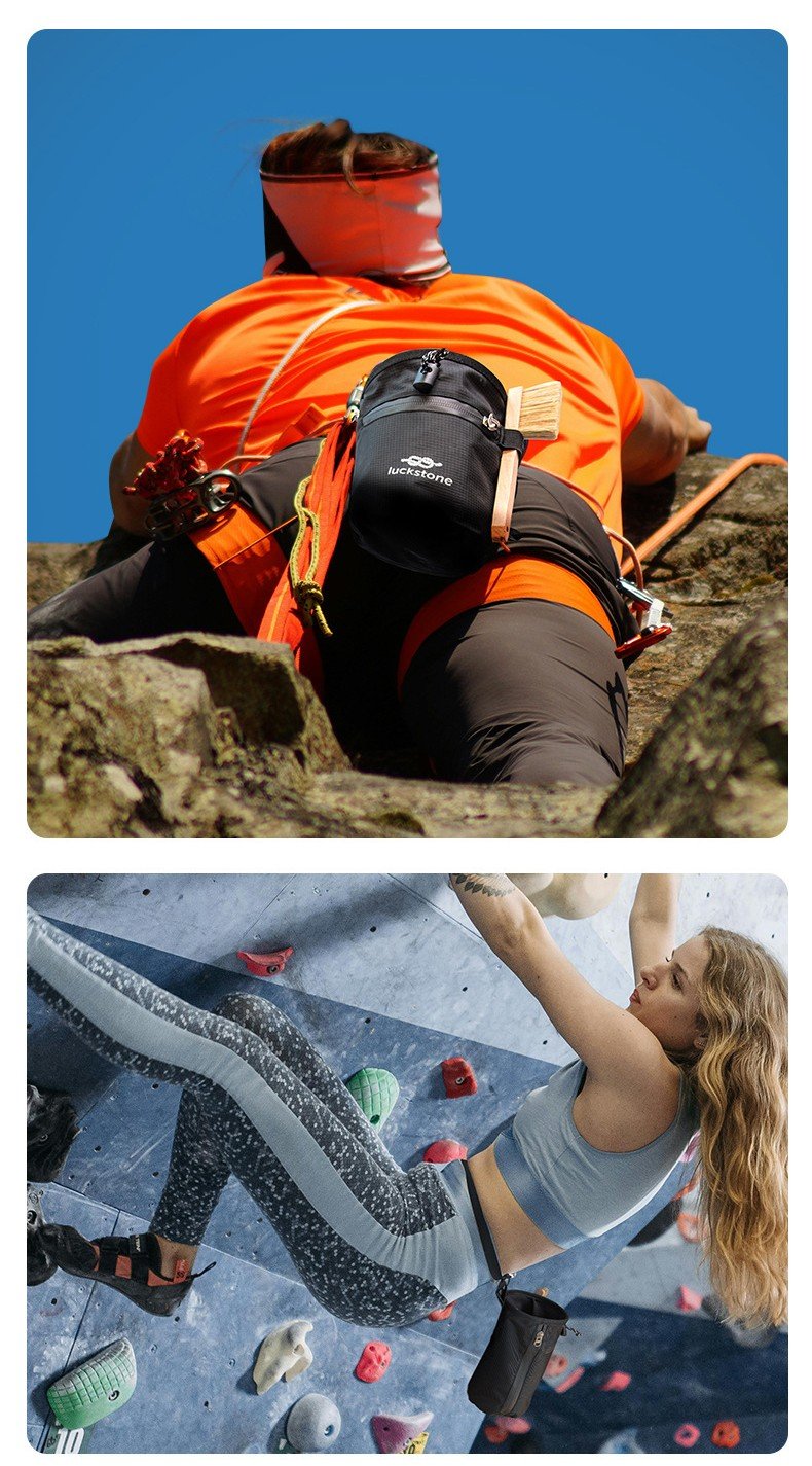 Climber using Nice Bags chalk bag during outdoor rock climbing and bouldering