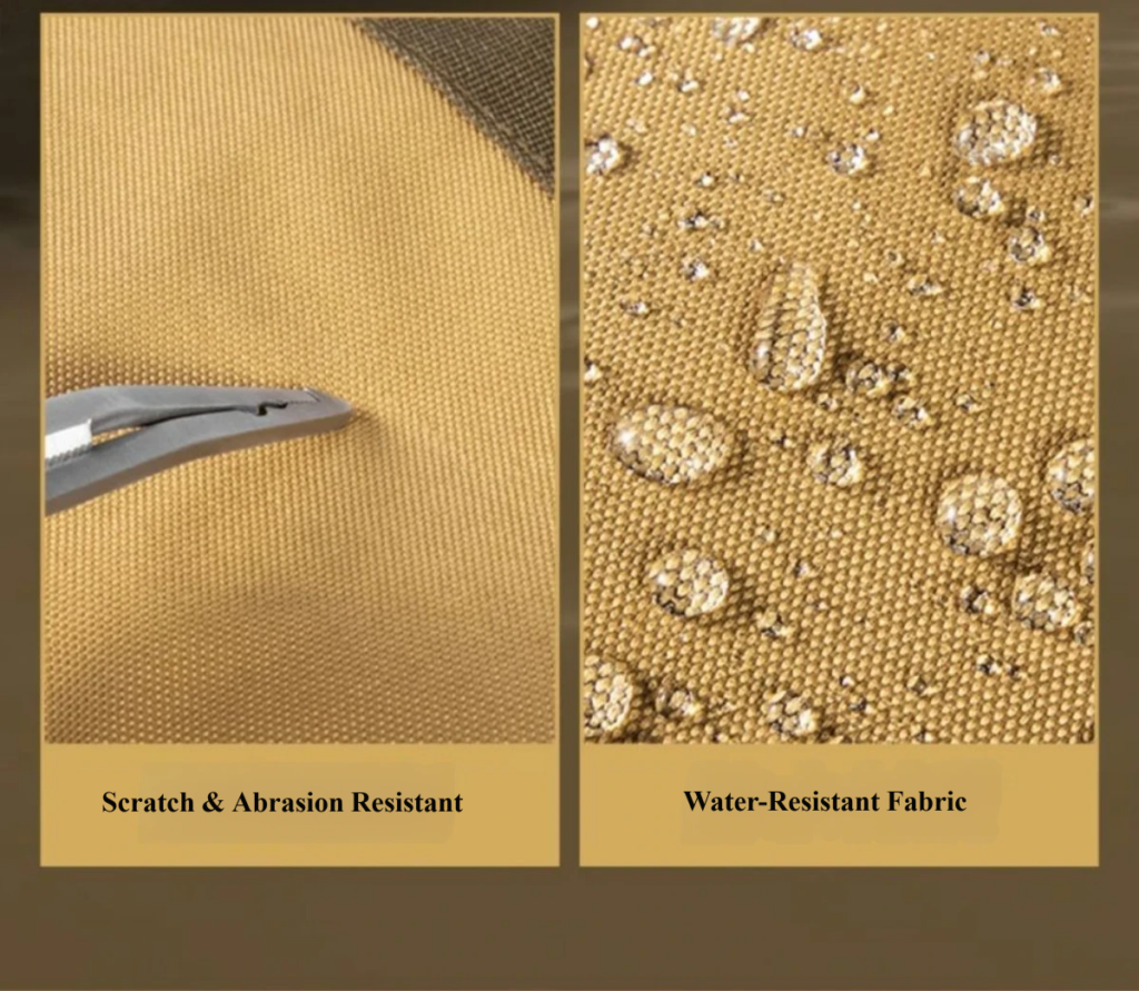 Close-up of scratch-resistant and water-repellent fabric on Nice Bags fishing bag