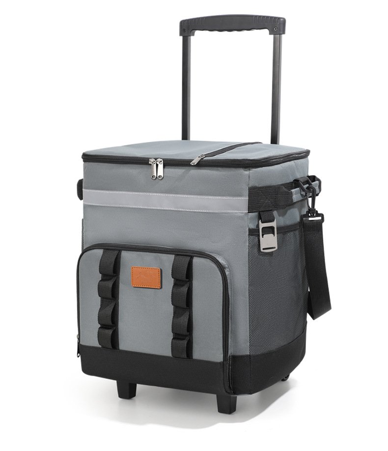 Gray Oxford rolling cooler bag side view with wheels