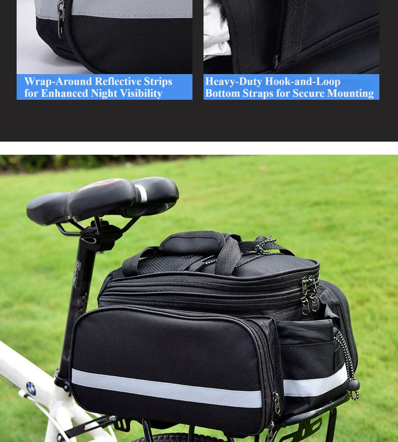 Nice Bags wrap-around reflective strips and heavy-duty hook-and-loop bottom straps for mounting