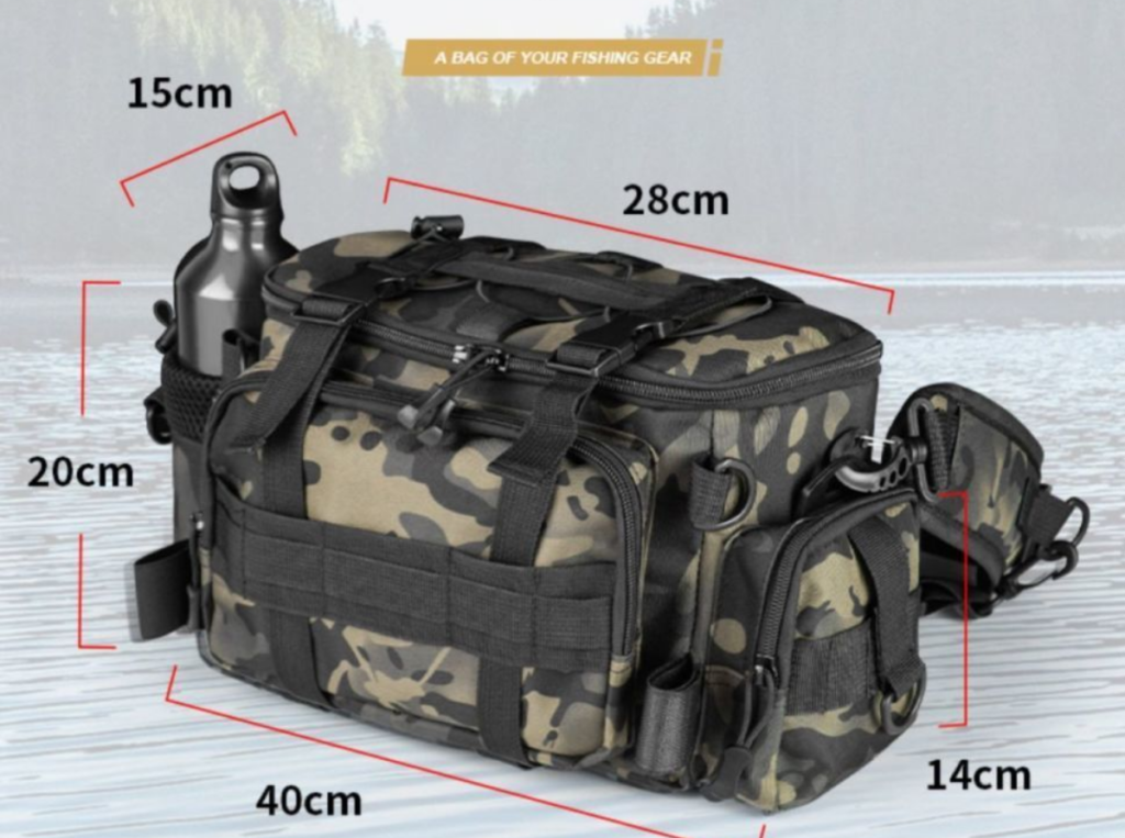Nice Bags camo fishing bag dimension diagram showing 40cm width and 20cm height