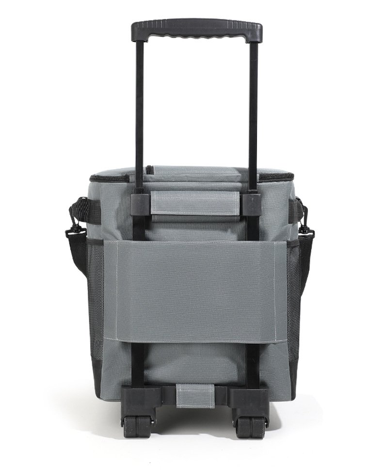 Gray Oxford rolling cooler bag back view with shoulder strap