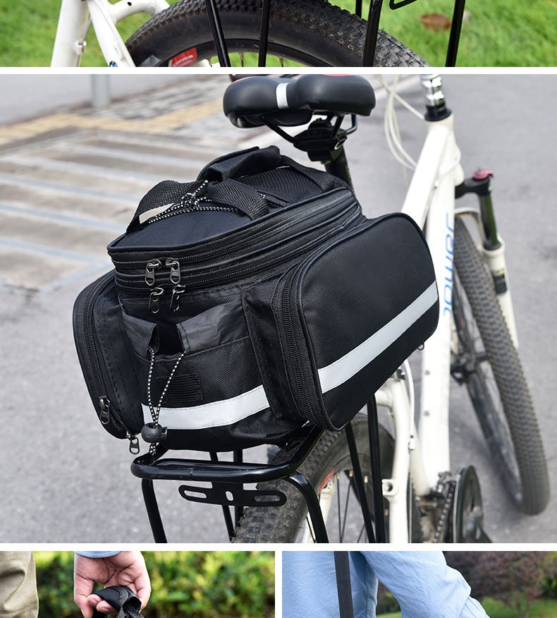 Nice Bags expandable bicycle pannier bag mounted on bike rear rack outdoors