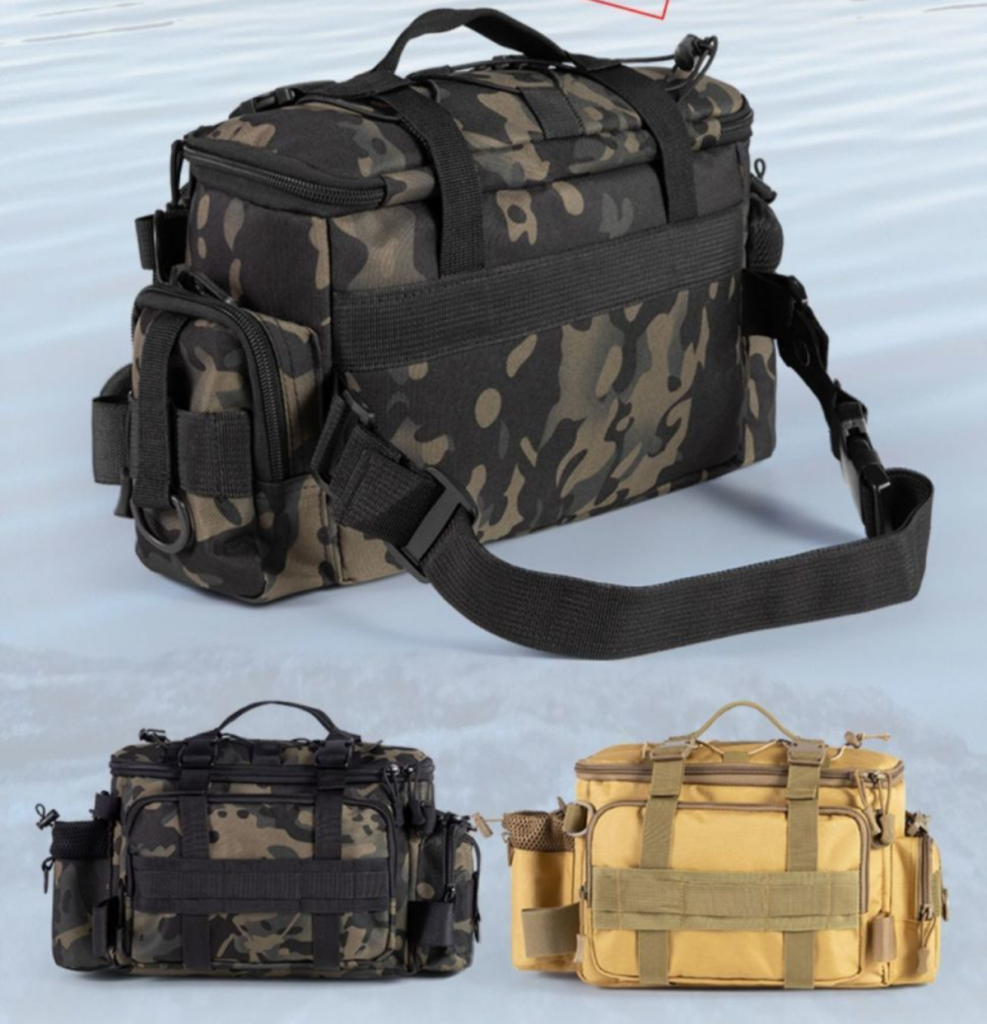 Nice Bags color options: Camo Black and Desert Tan fishing tackle bags