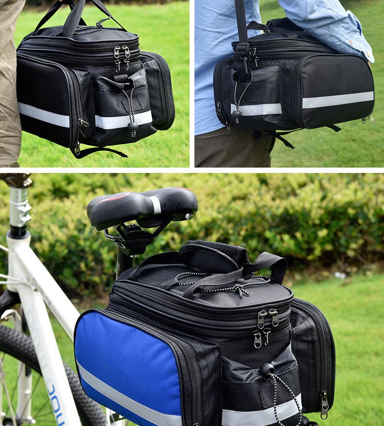 Nice Bags blue and black bike trunk bags mounted on outdoor bicycle racks