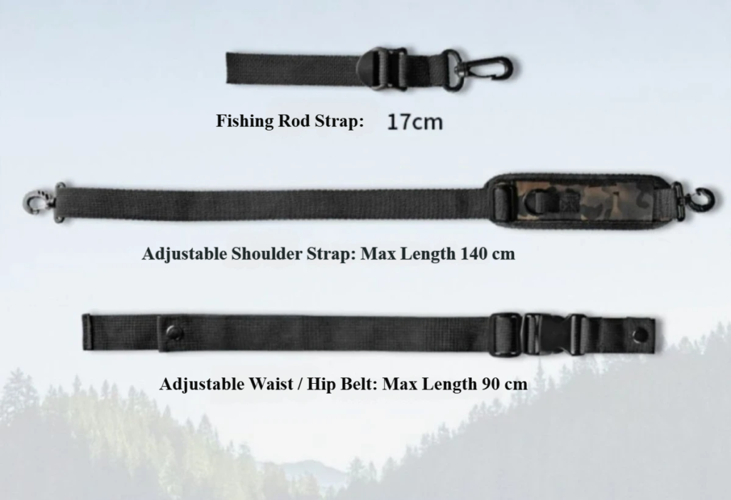 Nice Bags included accessories: rod strap, adjustable shoulder strap, and waist belt
