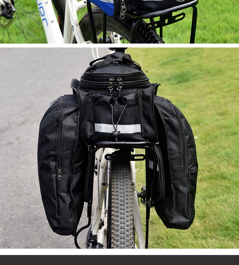 Rear view of Nice Bags bicycle rear rack bag with dual expanded side panniers