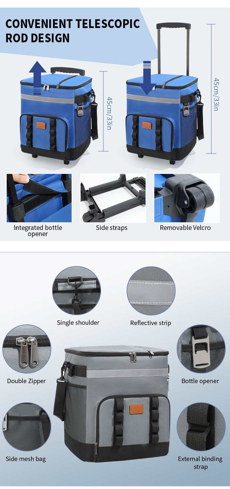  Telescopic rod trolley design for rolling cooler bag