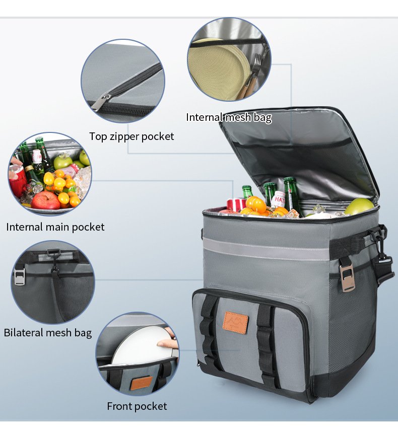 Cooler bag storage details including zipper pockets and mesh bags