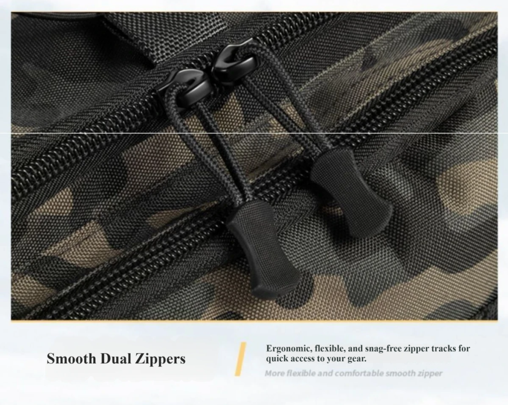 Close-up of smooth dual zippers on the Nice Bags waterproof fishing bag