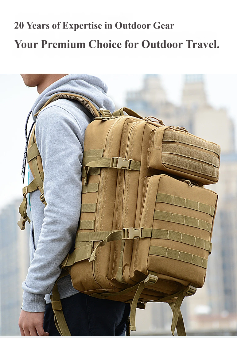 Model wearing Nice Bags khaki outdoor tactical backpack