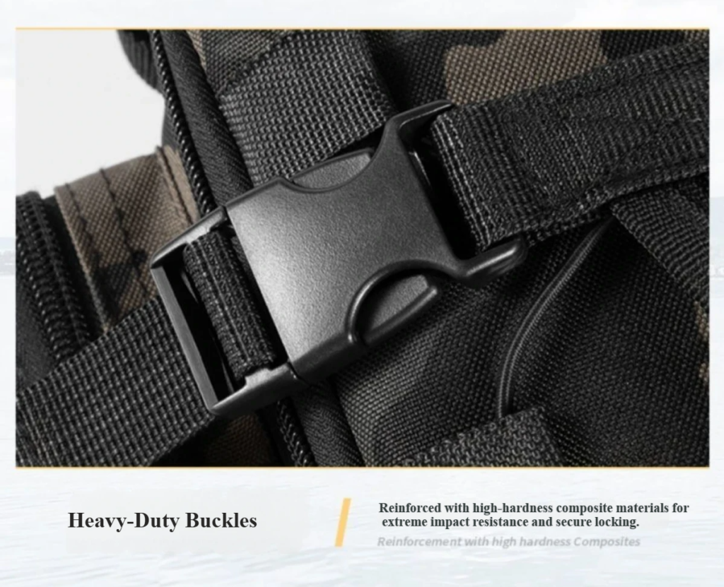Close-up of heavy-duty quick-release buckle on Nice Bags fishing tackle bag