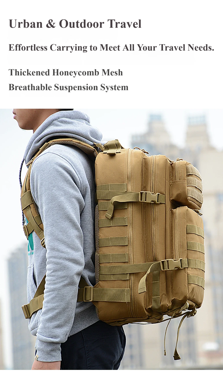 Model carrying Nice Bags tan military backpack
