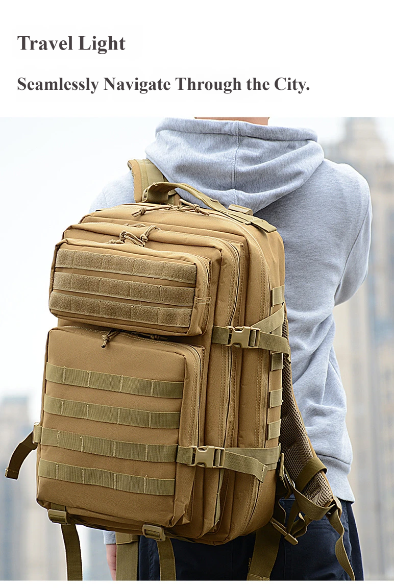 Close-up of model wearing Nice Bags tactical pack
