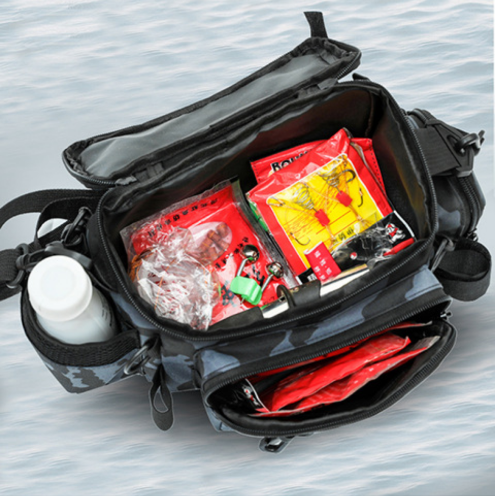 Top view of Nice Bags main compartment filled with soft lures and gear