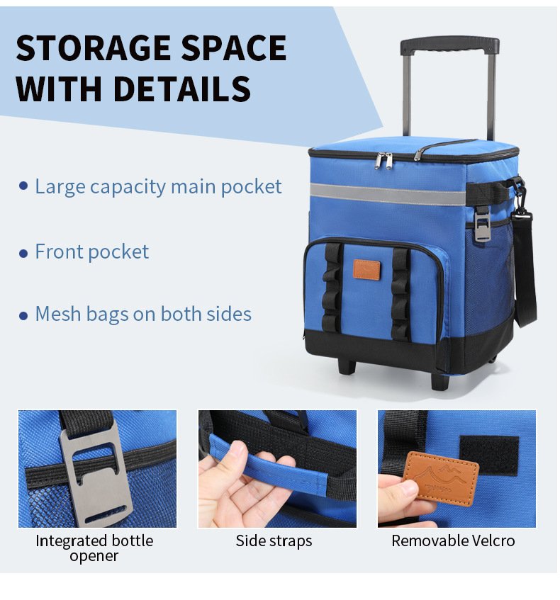  Cooler bag storage layout with bottle opener and mesh pockets