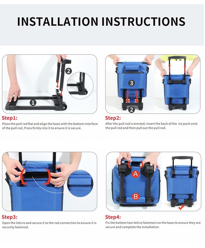Step-by-step trolley handle installation instructions for cooler bag