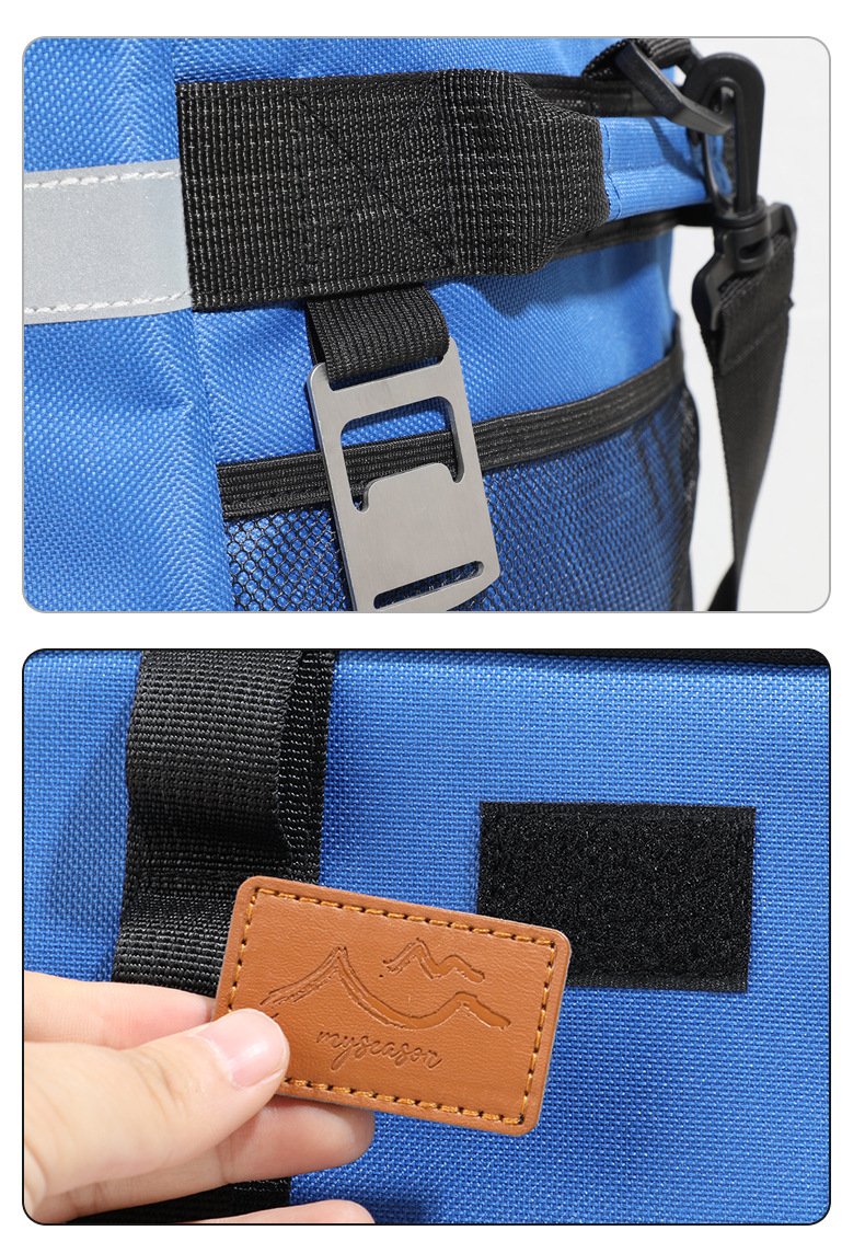 Close-up of cooler bag buckle strap and Velcro closure