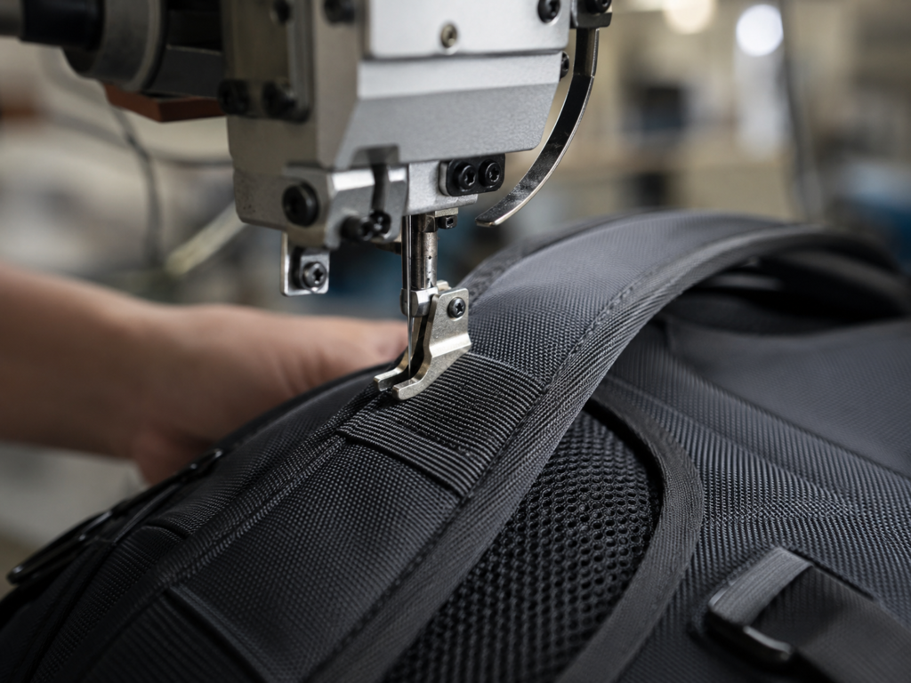 industrial sewing machine reinforcing shoulder strap stitching for business backpack manufacturing