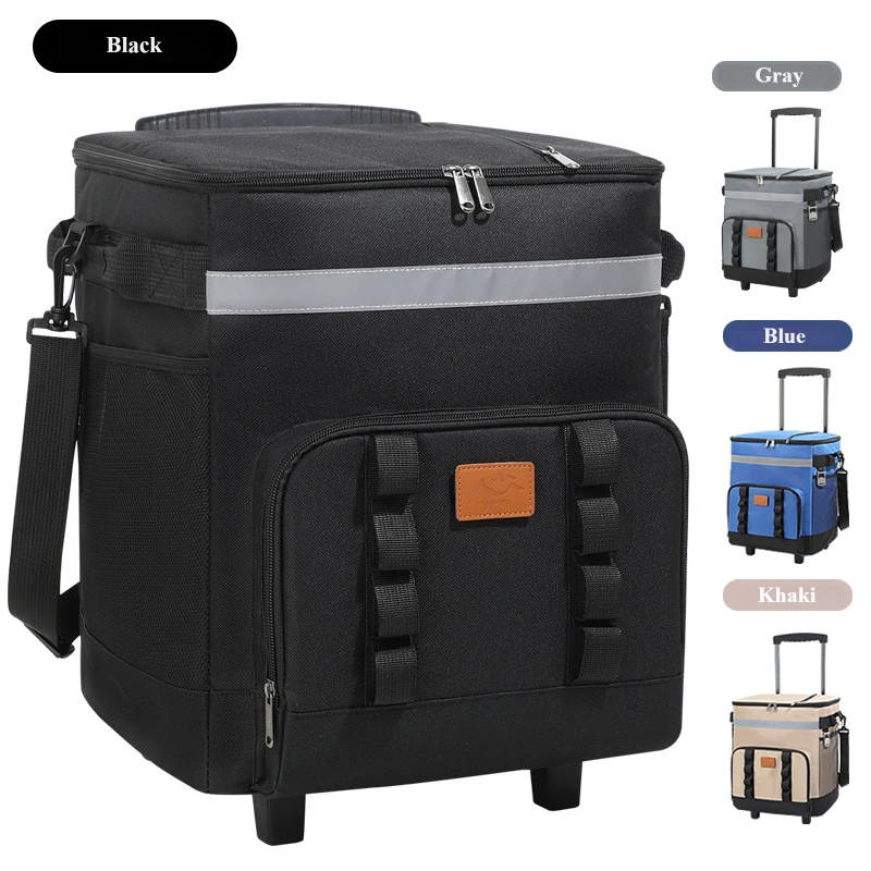 Custom Oxford rolling cooler bag in black with color swatches
