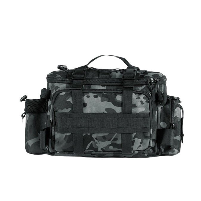 Tactical camo fishing tackle bag with attachment webbing front view