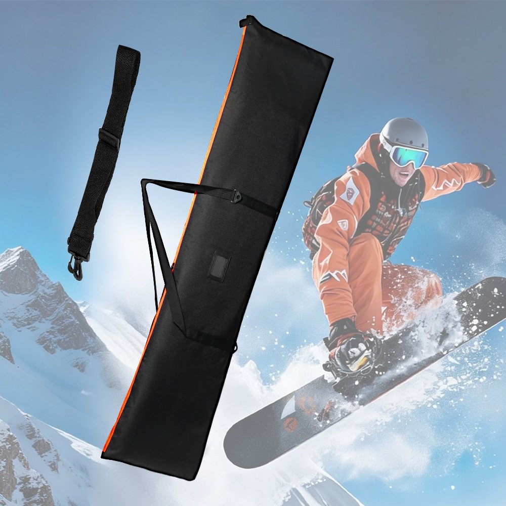 Nice Bags black and orange padded snow ski bag poster with skiing action background