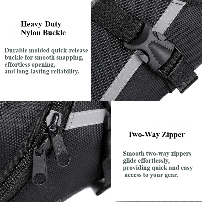 Nice Bags bicycle seat bag feature close-up: heavy-duty nylon buckle and smooth two-way zippers