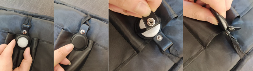 AirTag leather holder testing with snap button closure for custom travel backpack