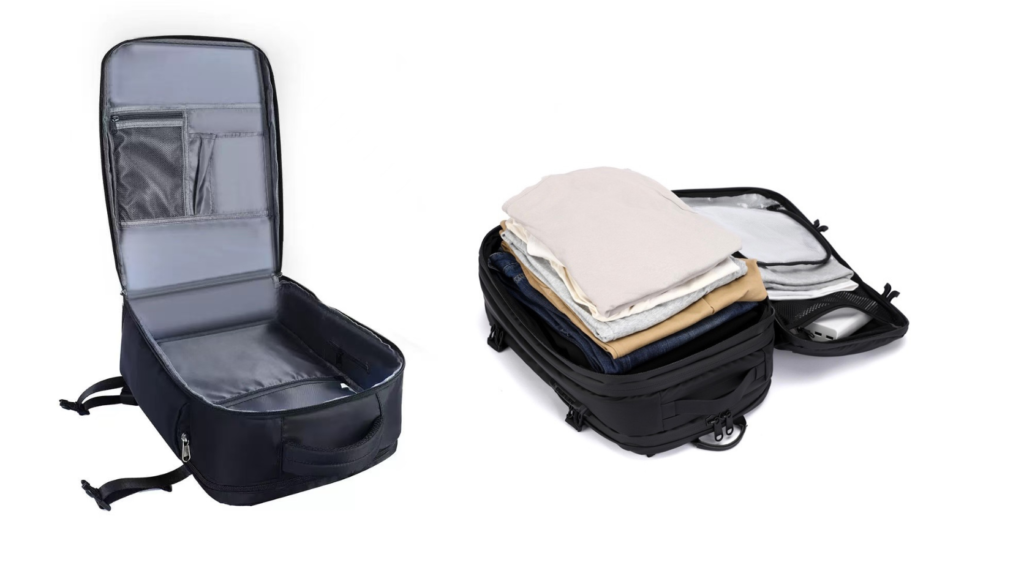 Backpack opened flat showing 180-degree bottom-opening design versus standard side-opening