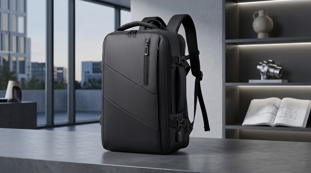 custom business travel backpack manufactured for Netherlands retail brand with AirTag pocket, TSA lock, front zip pocket and adjustable straps
