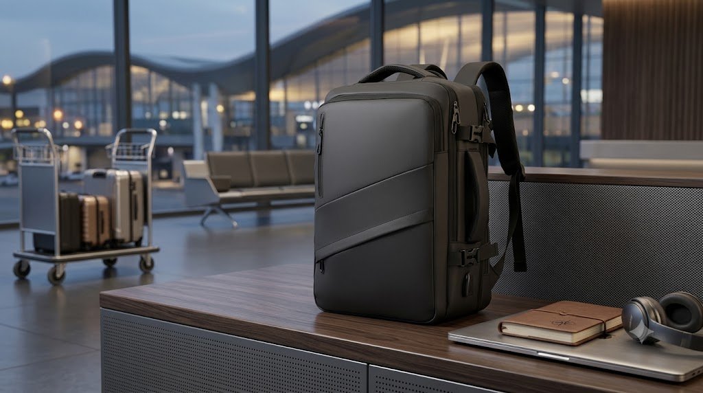Business travel backpack on airport lounge table with laptop and headphones
