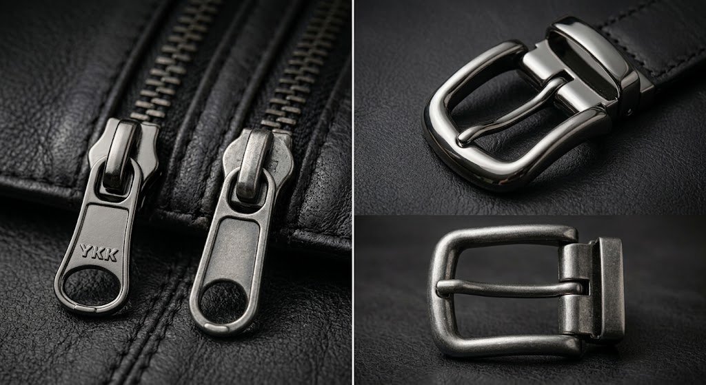 Comparison of YKK-branded versus generic zipper pulls alongside polished chrome and brushed gunmetal buckle finishes, showing hardware material and plating differences that affect backpack pricing