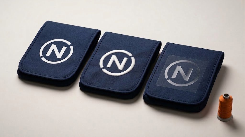 Comparison of the three bag branding techniques — screen printing, embroidery, and heat transfer — applied to custom messenger bags