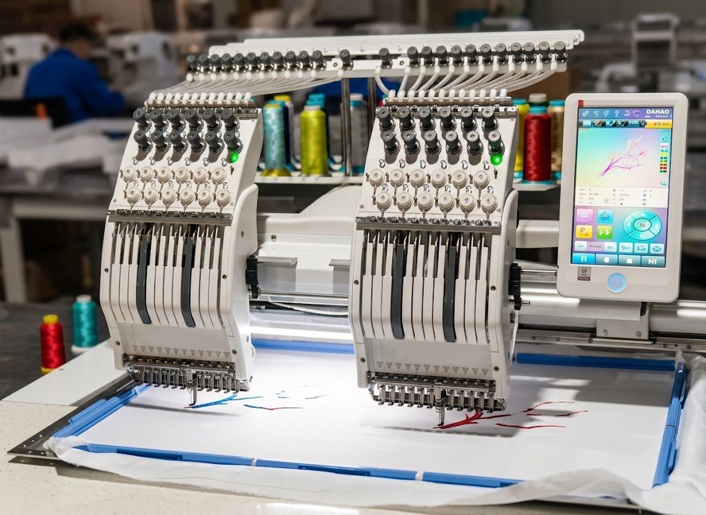 Industrial embroidery machine with dual heads mid-stitch, multiple colored thread spools mounted above, showing the equipment and thread-by-thread process behind embroidery pricing on custom bags